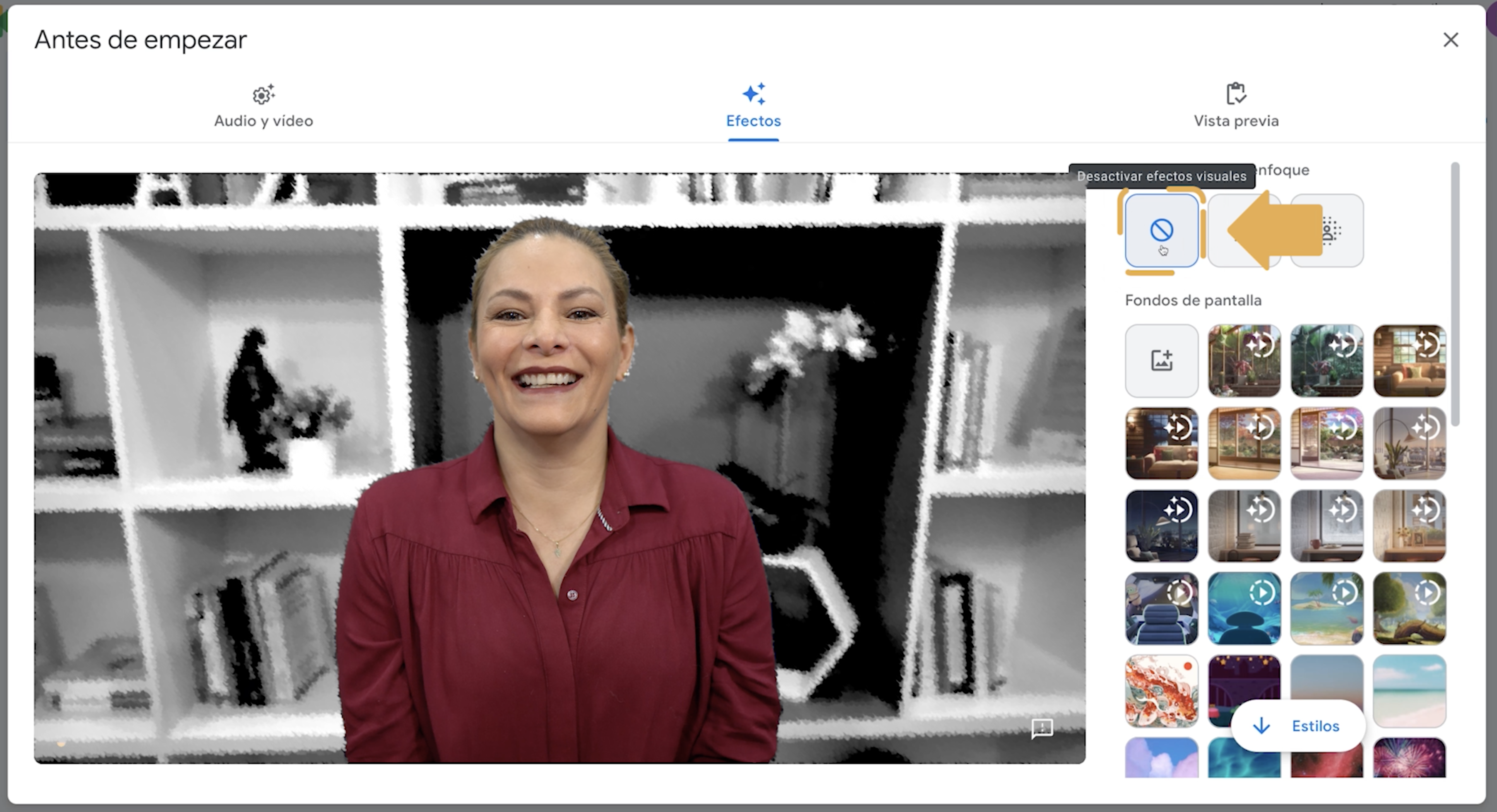 Es posible que tu dispositivo funcione más lento cuando uses efectos y fondos. Puedes desactivar esta función para permitir que otras apps se ejecuten más rápido en tu equipo. Para hacerlo, haz clic en Desactivar efectos visuales.